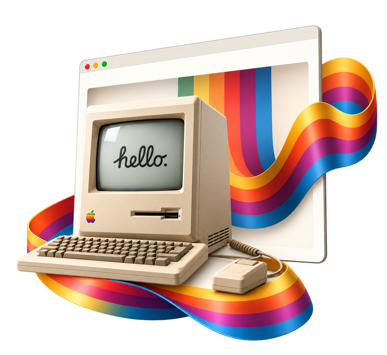 Beige Macintosh with hello screen and rainbow ribbon